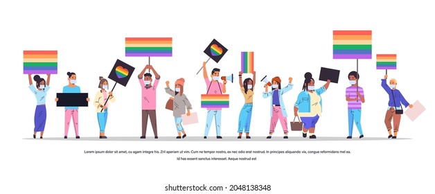 mix race people in masks with LGBT banners on lesbian gay pride festival transgender love LGBT community concept
