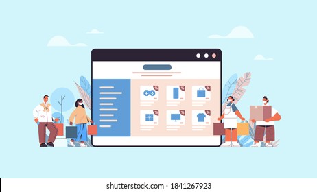 mix race people in masks with shopping bags choosing goods in web browser window black friday sale coronavirus quarantine concept full length horizontal vector illustration