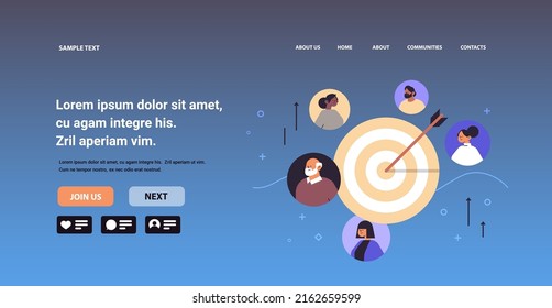 mix race people near archery target with arrow game competition concept horizontal portrait copy space