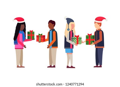 mix race people present gift box each other happy new year merry christmas concept male female cartoon character full length isolated horizontal