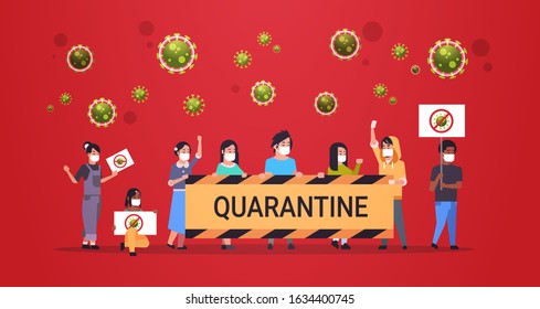 mix race people in protective masks holding stop coronavirus quarantine banners epidemic MERS-CoV virus concept wuhan 2019-nCoV pandemic medical health risk full length horizontal vector illustration