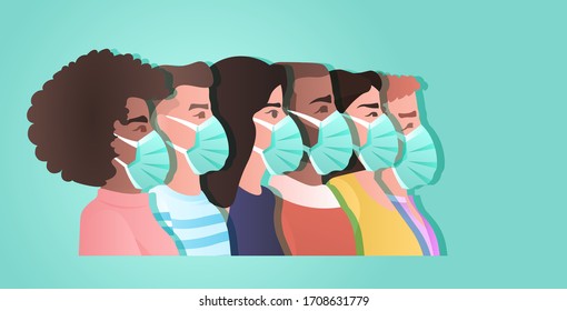mix race people in protective masks against corona virus covid-19 protection stop coronavirus pandemic concept portrait horizontal vector illustration