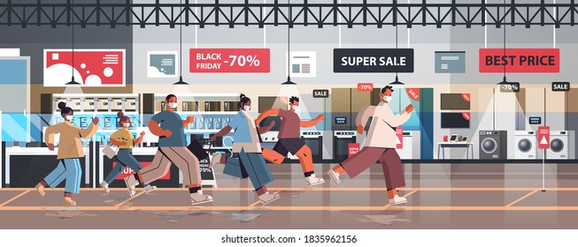 mix race people in protective masks running to store on sale black friday promotion event coronavirus quarantine concept electronics shop interior full length horizontal vector illustration