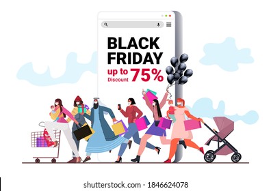 mix race people in protective masks running with shopping bags black friday big sale promotion discount coronavirus quarantine concept full length horizontal banner vector illustration