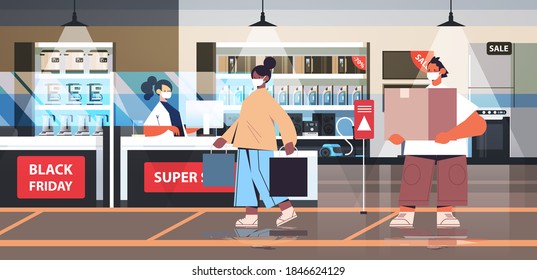 mix race people in protective masks buying appliances on black friday sale promotion event coronavirus quarantine concept full length horizontal vector illustration