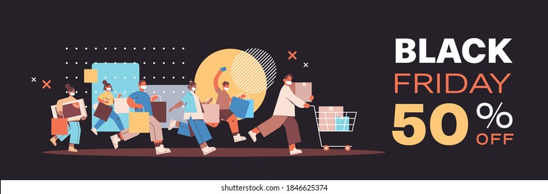mix race people in protective masks running with shopping bags black friday big sale promotion discount coronavirus quarantine concept full length horizontal vector illustration