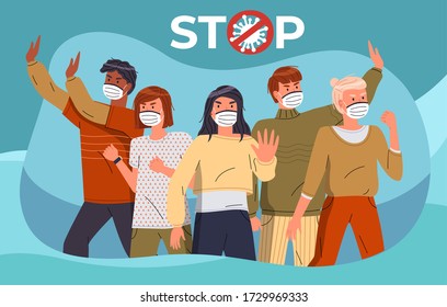 Mix race people protesting against coronavirus at turquoise background. People in medical masks call to stay at home, show stop gesture and protesting against covid-19. Crossed out sign with virus