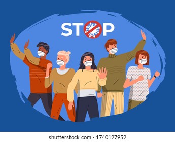 Mix race people protesting against coronavirus isolated at blue background. People in medical masks call to stay at home, show stop gesture and protesting against covid-19. Crossed out sign with virus