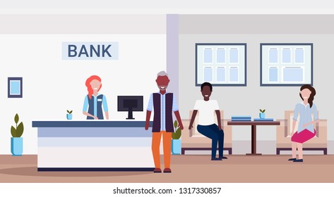 mix race people in queue to specialist at reception counter financial consulting center with waiting room and reception modern bank office interior horizontal flat