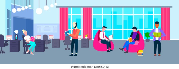 mix race people reading books and using laptop creative open space office co-working center modern university campus interior students preparing to exam horizontal full length flat