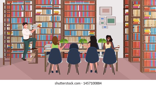 mix race people reading books women sitting at round table man holding books stack on staircase bookstore with bookshelves modern library interior flat horizontal full length