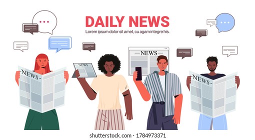 mix race people reading newspapers and discussing daily news chat bubble communication press mass media concept portrait horizontal vector illustration