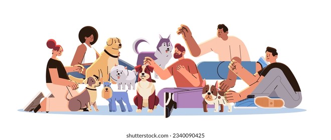 mix race people relaxing with cute dogs best friends domestic animals dog lovers unite concept horizontal