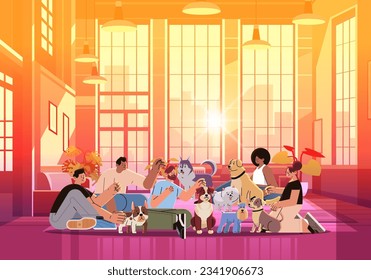 mix race people relaxing with cute dogs best friends domestic animals dog lovers unite concept modern living room interior