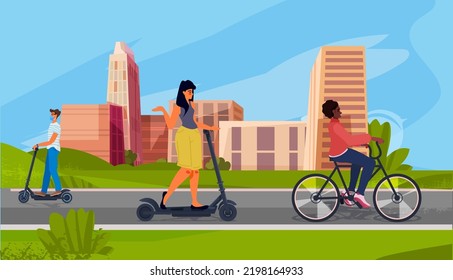 mix race people riding bike electric scooter at city street ecological transportation city ecology concept cityscape