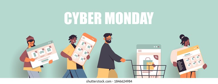 mix race people running with digital devices cyber monday big sale promotion discount online shopping concept horizontal portrait vector illustration