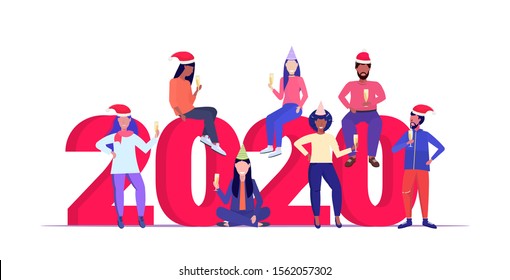 mix race people in santa hats drinking champagne celebrating corporate party merry christmas happy new year winter holidays celebration concept full length horizontal vector illustration