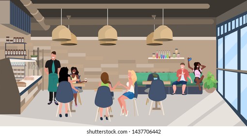 mix race people sitting at cafe tables visitors spending time together waiter serving clients modern restaurant interior flat horizontal full length