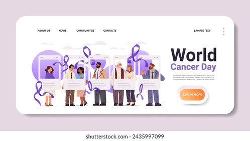 mezclar personas de raza en redes sociales marco de fotos con cinta púrpura día mundial del cáncer de mama prevención de la enfermedad afiche 4 febrero