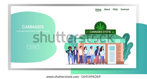 mix\
race people standing line queue to cannabis store marijuana organic\
shop cbd products weed purchase drugs consumption concept\
horizontal full length copy space vector\
illustration