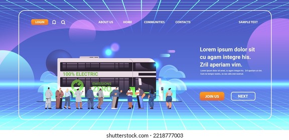 mix race people standing near electric bus charging battery vehicle at recharging power station charger EV management