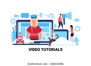 mix race people studying online training courses video tutorial concept people learning internet webinar male female cartoon character horizontal vector illustration