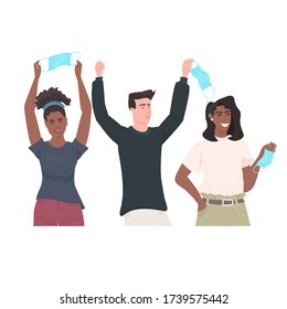 mix race people taking off face masks friends celebrating victory over covid-19 coronavirus pandemic quarantine is ending portrait isolated vector illustration