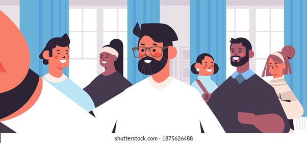 mix race people taking selfie on smartphone camera happy friends making self photo living room interior horizontal portrait vector illustration