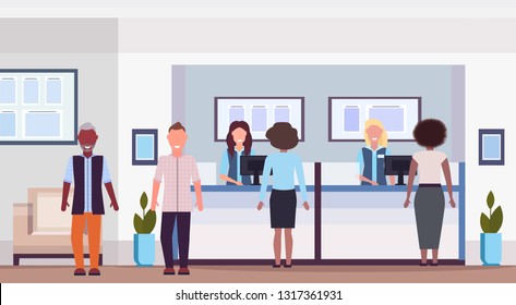 mix race people at teller counter visitors and workers in financial consulting center with waiting room modern bank office interior horizontal flat