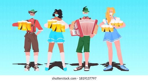 mix race people in traditional clothes celebrating Oktoberfest party men women wearing masks to prevent coronavirus pandemic full length horizontal vector illustration