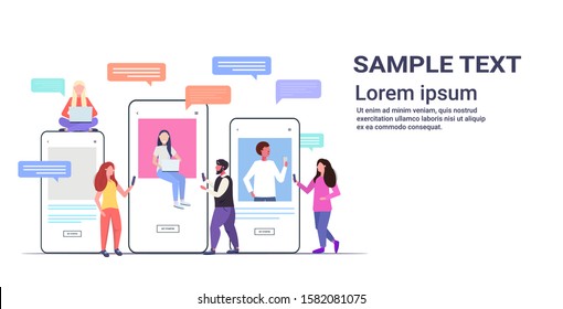 mix race people using chatting apps on digital devices video call social network chat bubble communication concept smartphone screens online mobile application full length horizontal vector