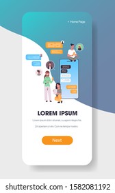 mix race people using chatting app on digital devices social network chat bubble communication concept smartphone screen online mobile application full length vertical vector illustration