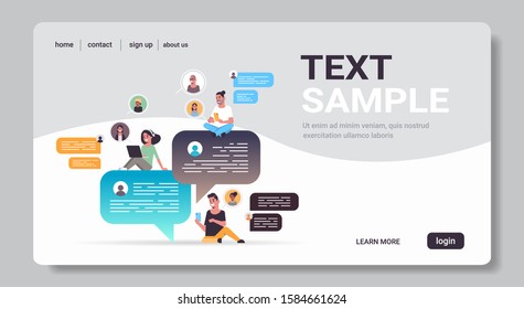 mix race people using chatting app on digital devices social network chat bubble communication concept online mobile messaging application full length horizontal copy space vector illustration
