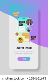mix race people using chatting app social network chat bubble communication concept smartphone screen online mobile messaging application vertical copy space vector illustration