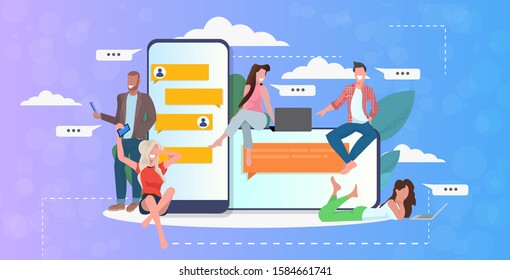 mix race people using chatting app on digital devices social network chat bubble communication concept smartphone screen online mobile messaging application full length horizontal vector illustration