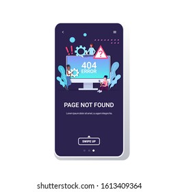 mix race people using computer app 404 page not found concept internet connection problem message on monitor website under construction smartphone screen mobile application copy space full length