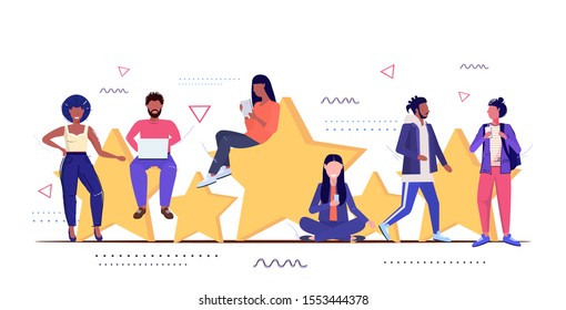 mix race people using digital gadgets customers review five stars rating client feedback satisfaction level concept men women standing together sketch full length horizontal vector illustration