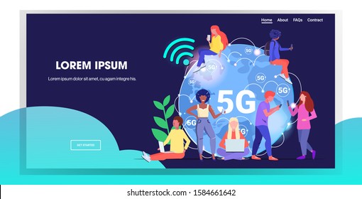 mix race people using digital devices 5G online wireless systems connection fifth innovative generation of high speed internet concept world map globe icon full length horizontal copy space vector