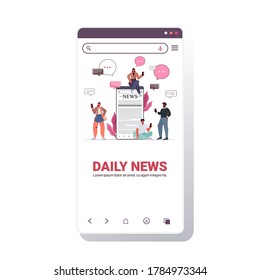 mix race people using gadgets reading newspapers and discussing daily news chat bubble communication concept smartphone screen copy space vector illustration