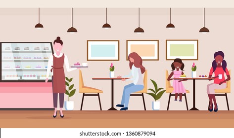 mix race people visitors sitting modern cafe shop waitress serving guests bakery cafeteria interior female cartoon characters full length flat horizontal