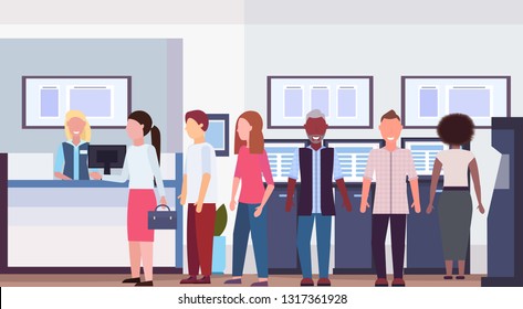 mix race people waiting line queue to specialist at cash desk financial consulting center with reception and atm modern bank office interior horizontal flat