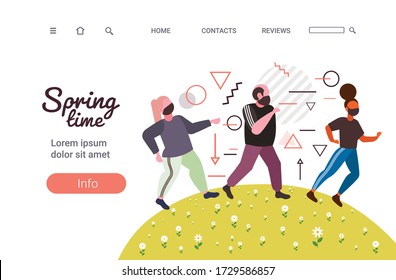 mix race people walking outdoor men women wearing medical masks to prevent coronavirus pandemic covid-19 quarantine concept landscape background horizontal copy space full length vector illustration