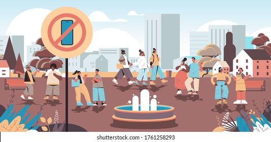 mix race people walking urban park no cellphone zone digital detox concept smartphone in prohibition sign abandoning internet social networks cityscape background horizontal vector illustration
