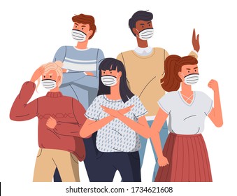 Mix race people wear face medical masks protesting against spreading virus. Women and men calling to fight with virus. Attention to world virus pandemic. Cartoon vector characters at white background