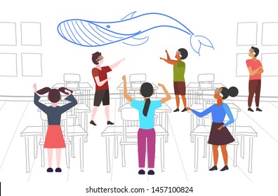 mix race people wearing modern 3d glasses students group looking at virtual reality blue whale through headset vision vr digital technology concept classroom interior flat horizontal full length