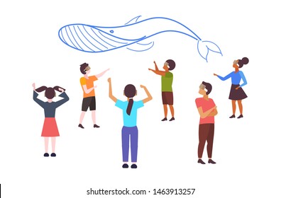 mix race people wearing modern 3d glasses men women looking at virtual reality blue whale through headset vision vr digital technology concept flat horizontal full length