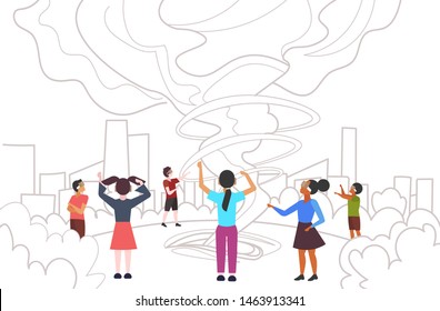 mix race people wearing modern 3d glasses men women looking at virtual reality hand drawn storm tornado through headset vision vr digital technology concept flat horizontal full length