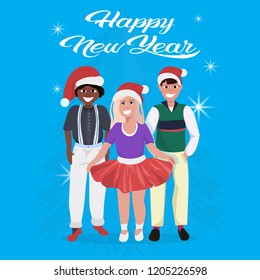mix race people wearing red hat happy new year merry christmas concept flat blue background full length vector illustration