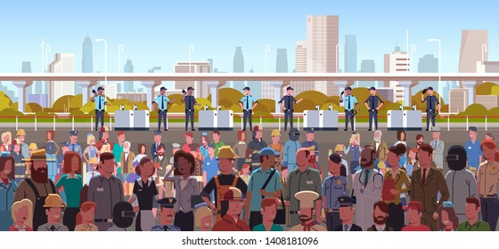 mix race police officers group controlling different occupations people crowd at protest demonstration strike labor day concept city street cityscape background horizontal portrait