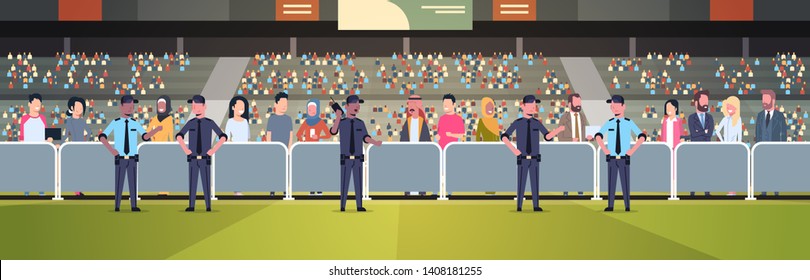 mix race police officers group controlling fans crowd on sport stadium arena at football match championship safety support concept flat horizontal full length